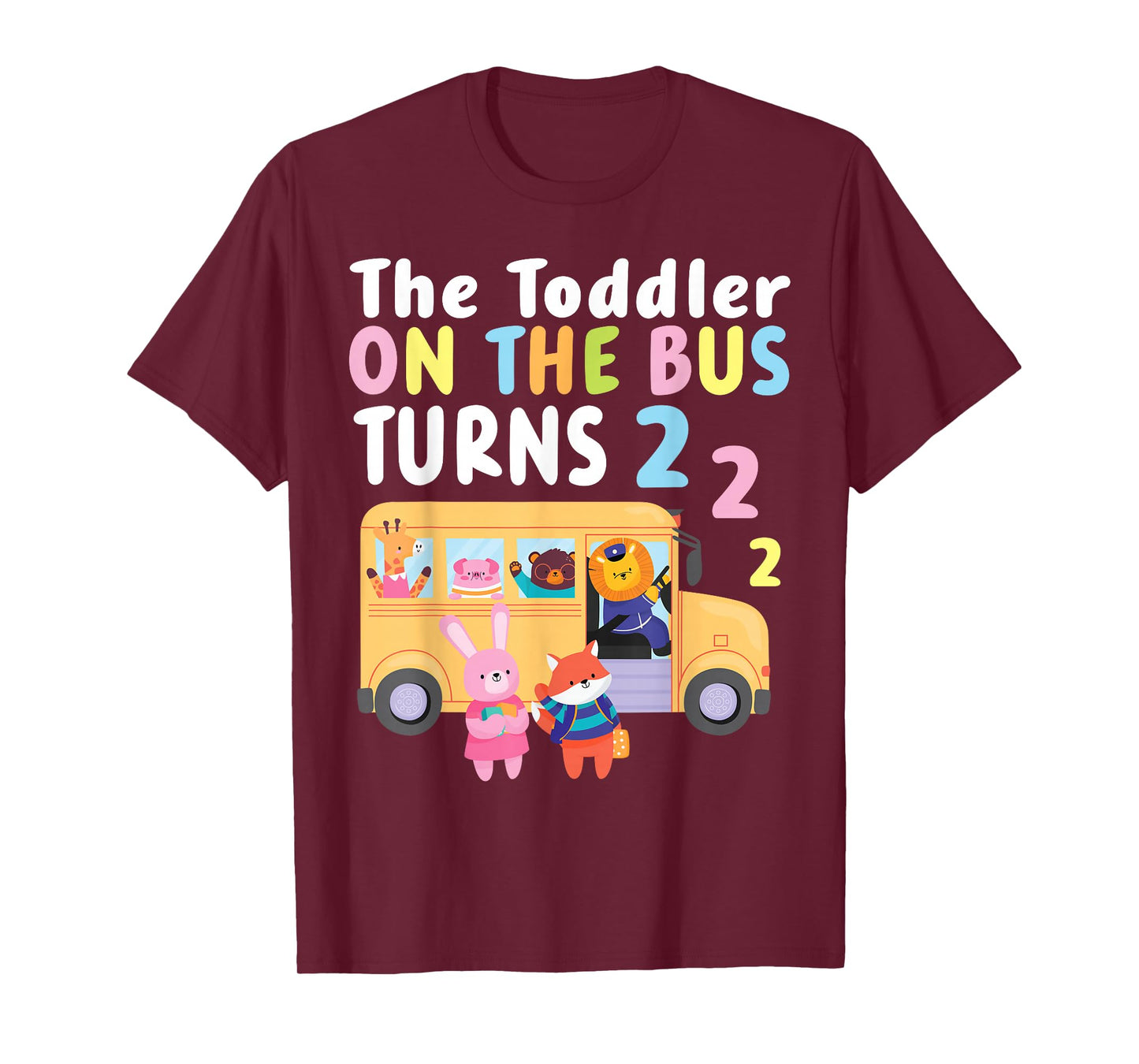 The Toddler On The Bus Turns Two Years Cute Animal Birthday T-Shirt