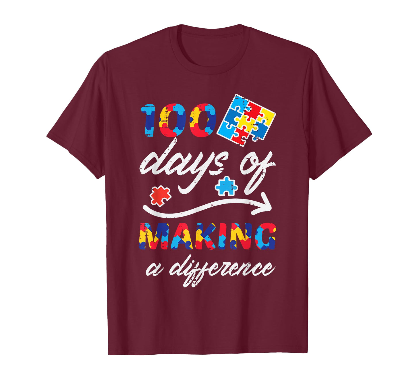 100 Days Making Difference Autism Puzzle 100th Day Teacher T-Shirt