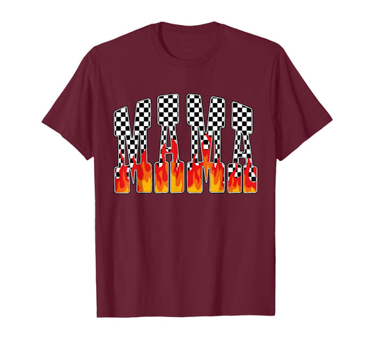Mama Flame Race Retro Mom Fire Checkered Mother's Day T-Shirt