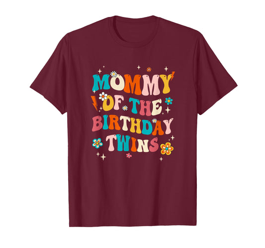 Mommy of The Birthday Twins Boys Girls Party Retro Bday T-Shirt