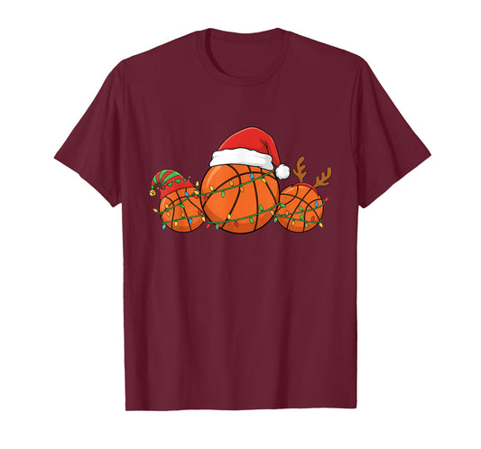 Basketball Christmas Shirt Funny Santa Hat Sport Men Kids T-Shirt