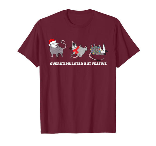 Funny Santa Opossums Overstimulated But Festive Xmas Lights T-Shirt