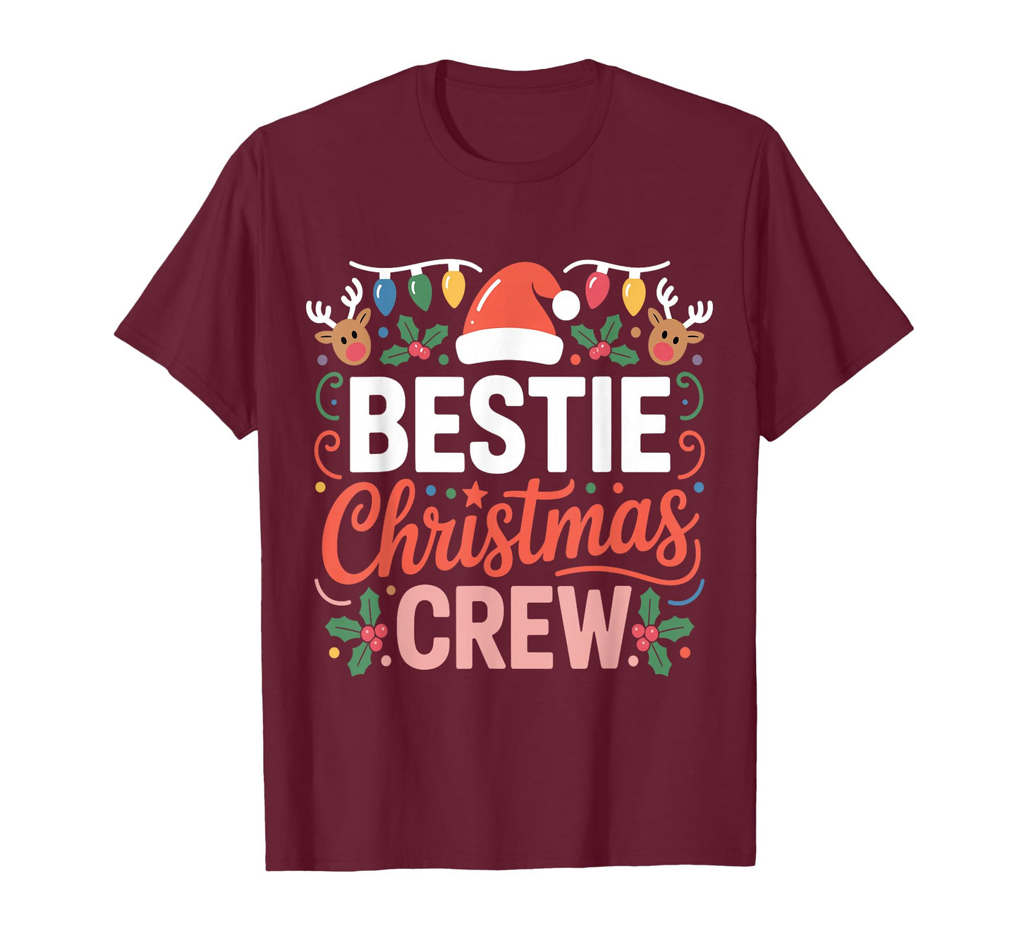 Cute Merry Bestie Christmas Crew Lights and Reindeer Quote T-Shirt