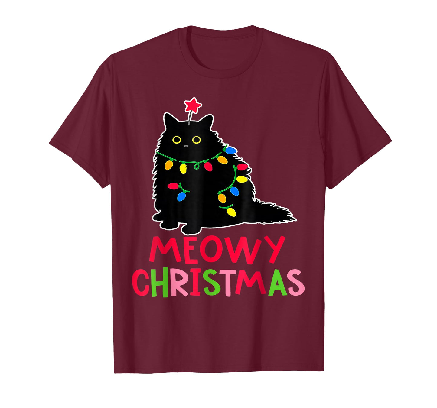Meowy Christmas Xmas Lights Black Cat Pajamas Family Funny T-Shirt