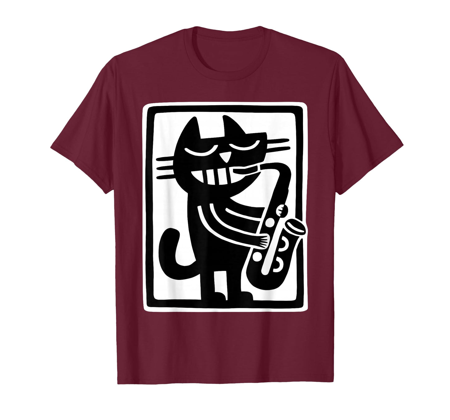 Black Cat Playing Saxophone Jazz Music Retro Art T-Shirt