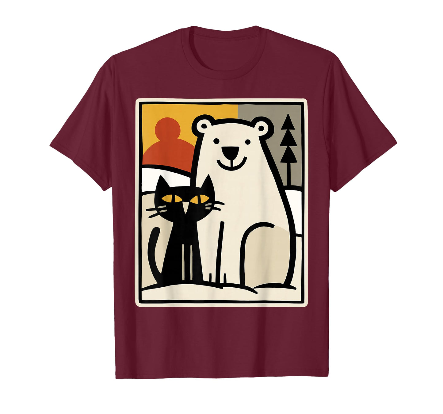 Black Cat and Polar Bear Winter Animal Cute Snow Art T-Shirt