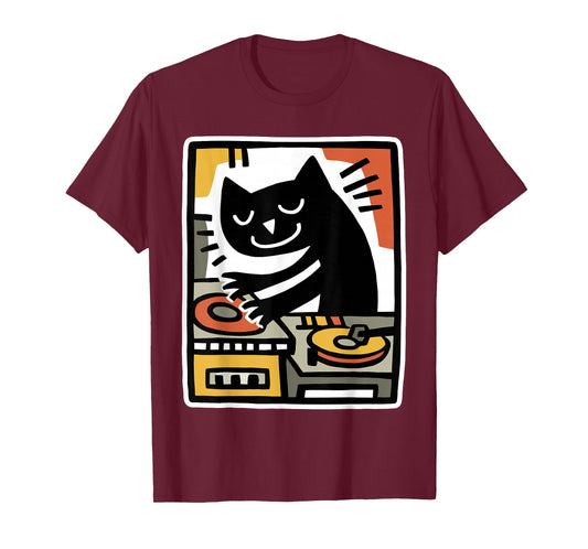 Cool Black Cat DJ Mixing Records Retro Folk Art Illustration T-Shirt