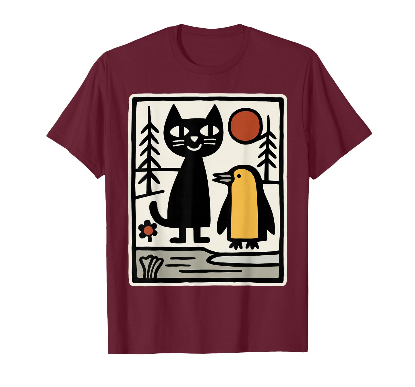 Black Cat and Penguin Winter Animals Cute Snow Scene T-Shirt