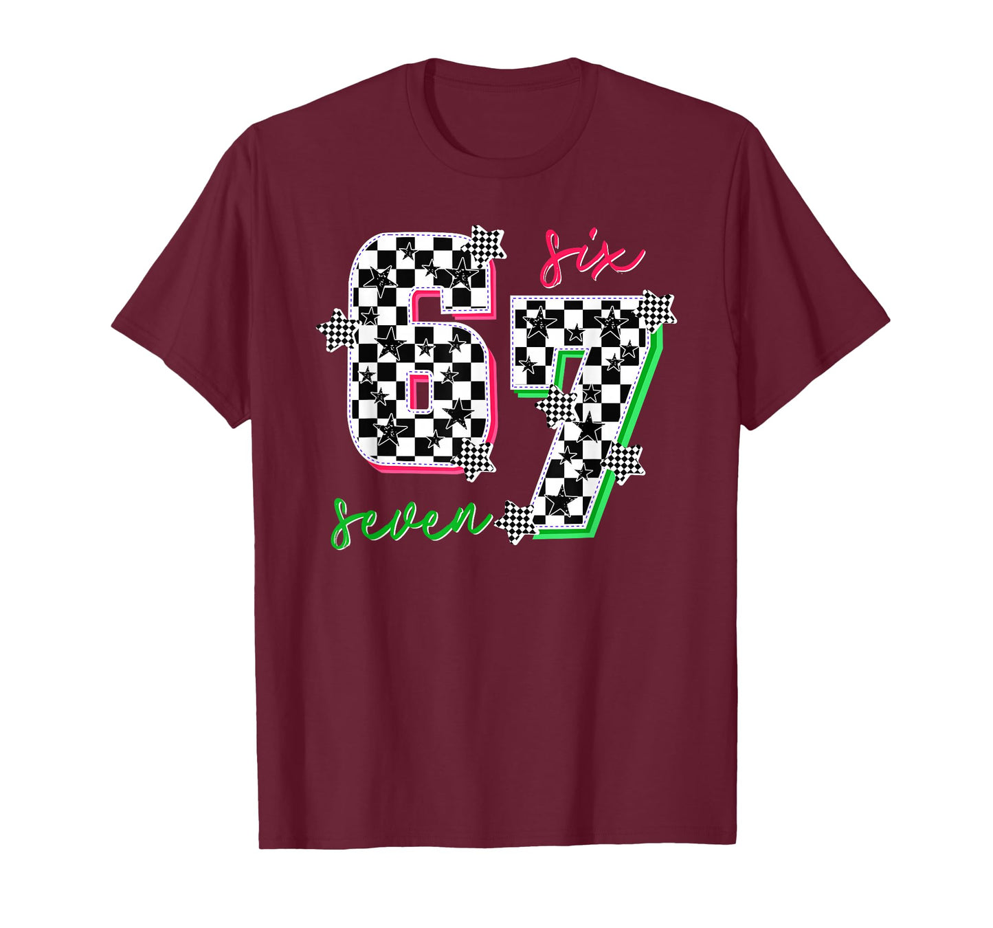 Pink and Green 67 Six Seven Meme Checkered 6 7 Girls Women T-Shirt