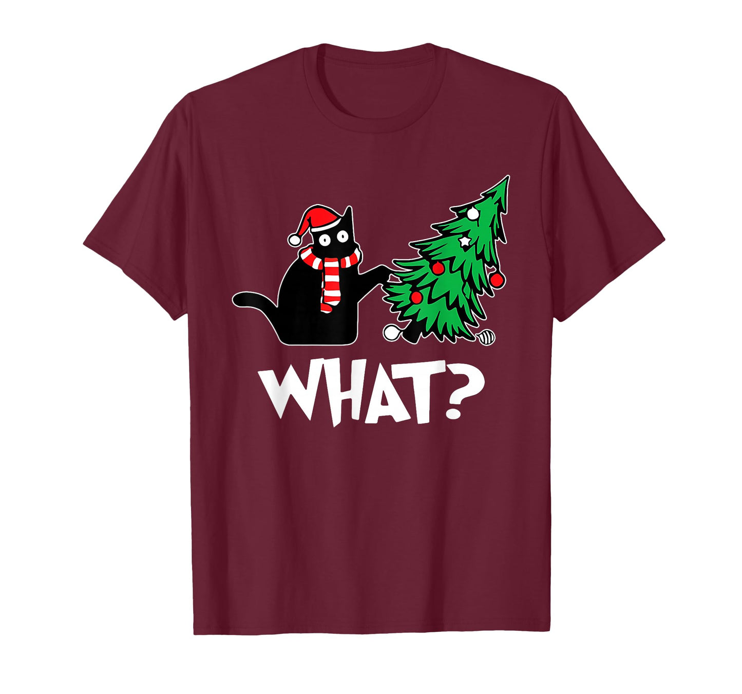 Funny Black Cat Xmas Pushing Christmas Tree Over Cat What? T-Shirt