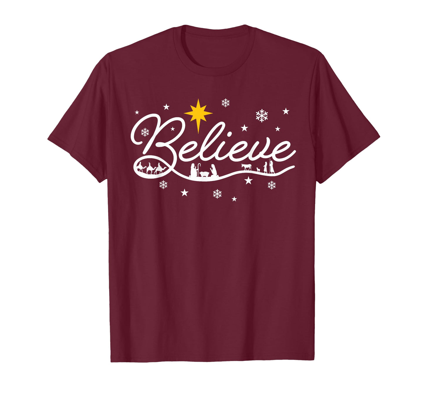 Nativity Scene Believe Christian Family Merry Christmas Xmas T-Shirt