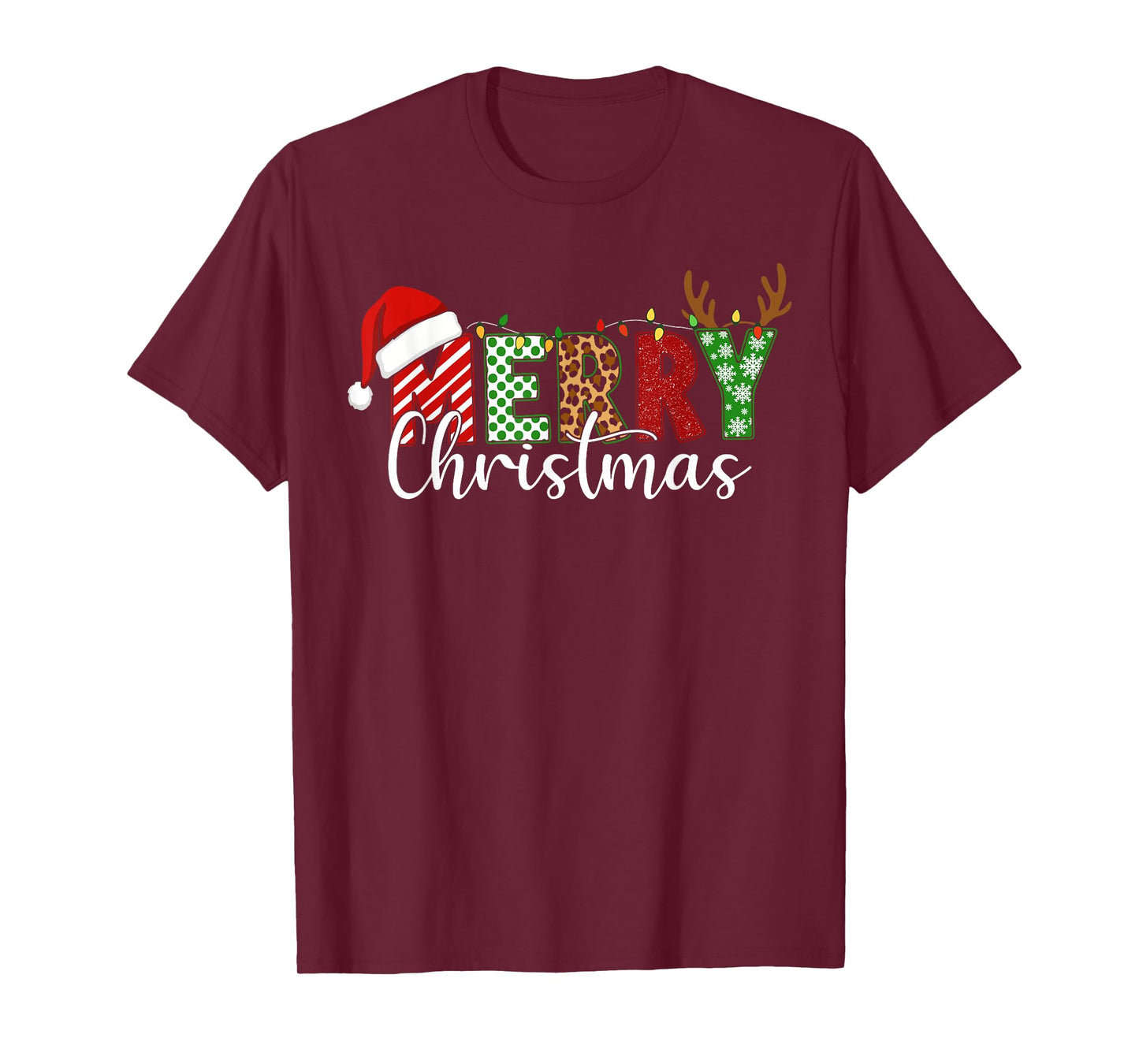 Merry Christmas Lights Red Santa Hat Xmas Family Men Women T-Shirt