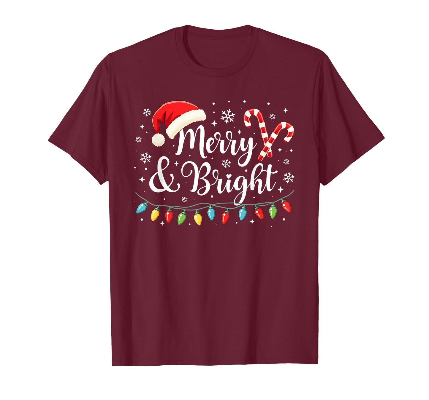 Merry and Bright Lights Red Santa Hat Xmas Family Men Women T-Shirt