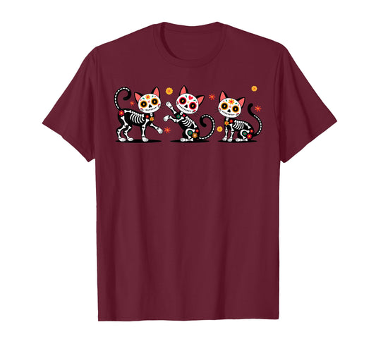 Day of The Dead Colorful Skeleton Cats Mexican Halloween T-Shirt