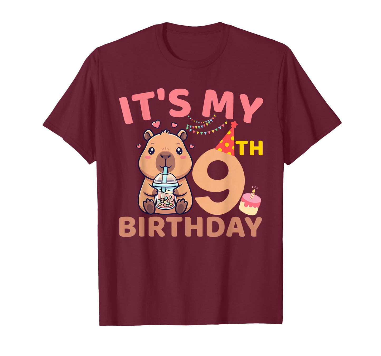 It's My 9th Birthday Capybara Bubble Tea 9 Years Old Party T-Shirt