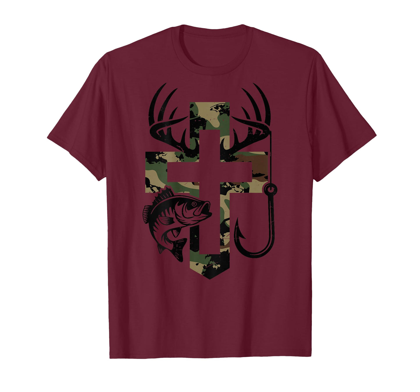 Youth Camo Faith Hunting Fishing Cross Hook Christian Jesus T-Shirt