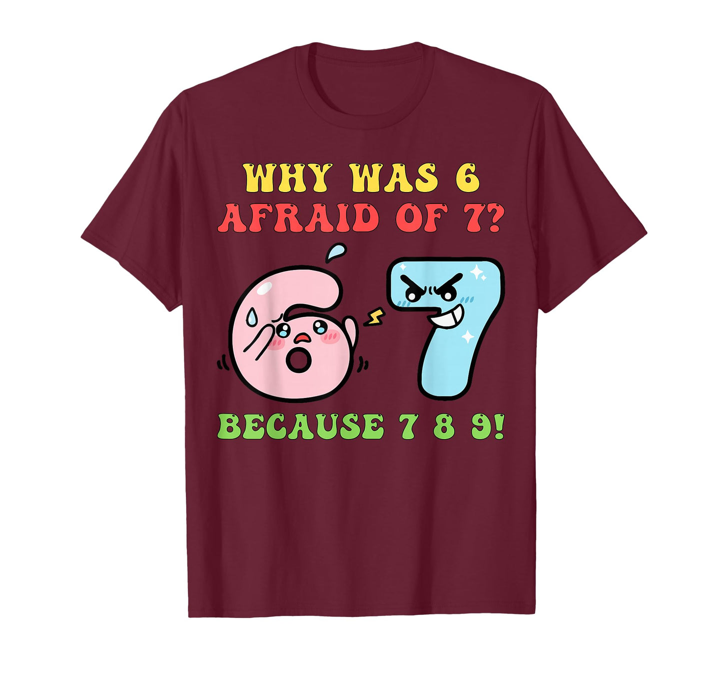 Funny STEM Math Jokes Puns Why was Six 6 Afraid of Seven 7 T-Shirt