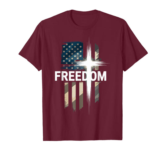 Grunge American Flag and Cross Faith Family Freedom T-Shirt