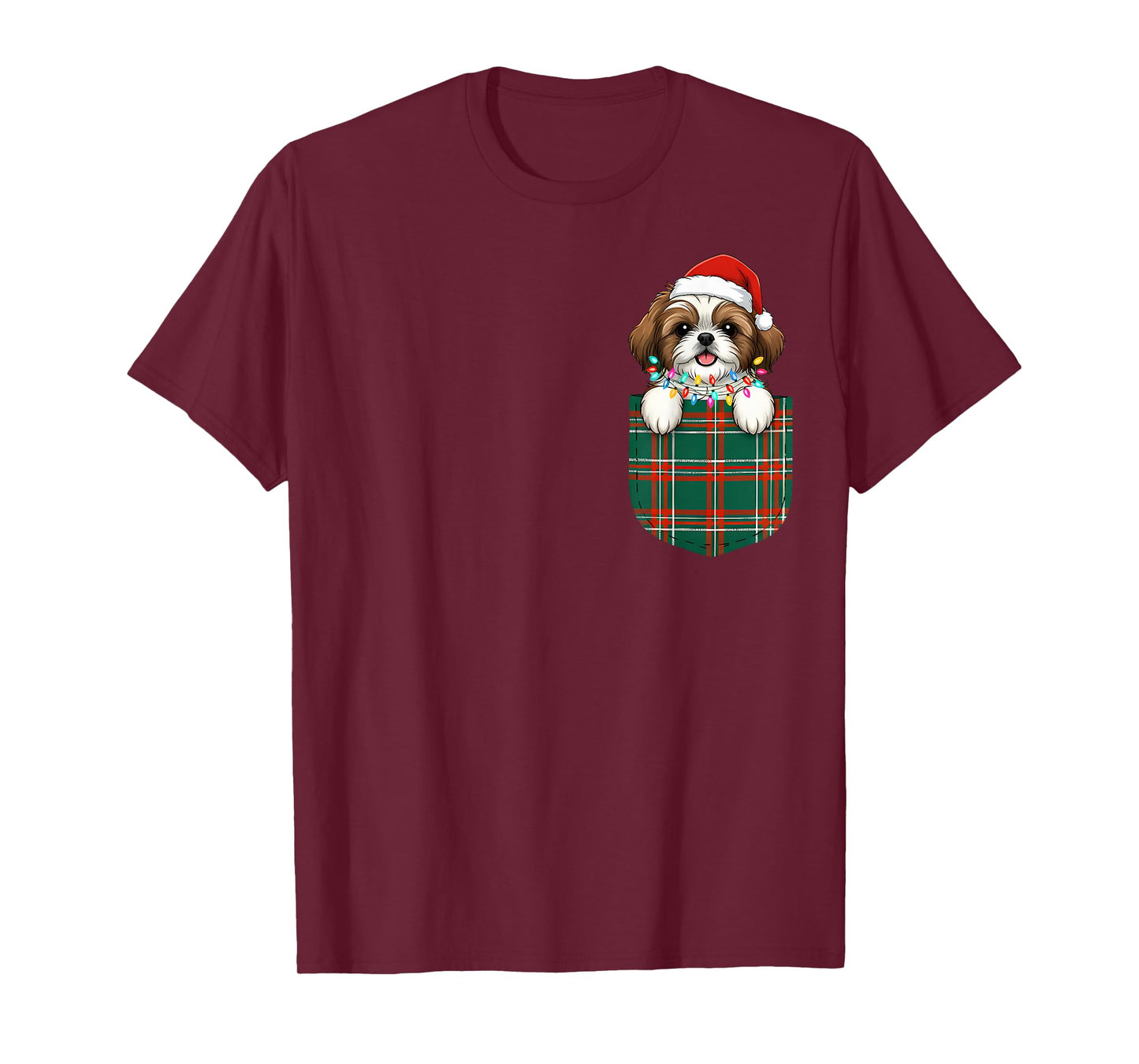 Shih Tzu Buffalo Plaid Green Red White Pocket Christmas T-Shirt