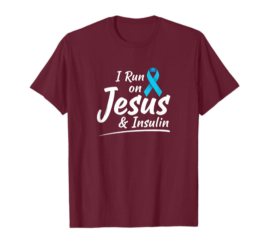 Awareness I Run On Jesus & Insulin - Diabetes Faith Ribbon T-Shirt