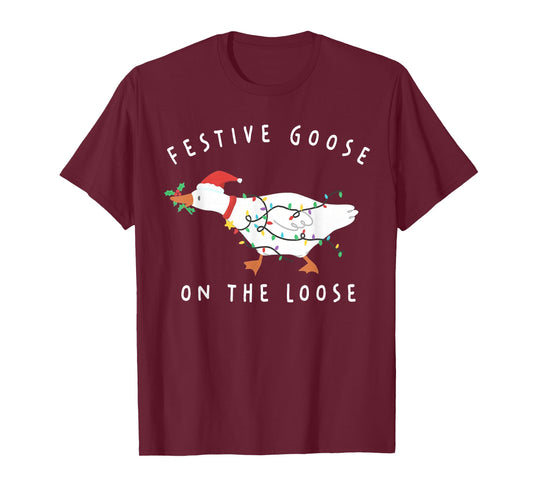 Festive Goose On The Loose Funny Silly Goose Retro Christmas T-Shirt