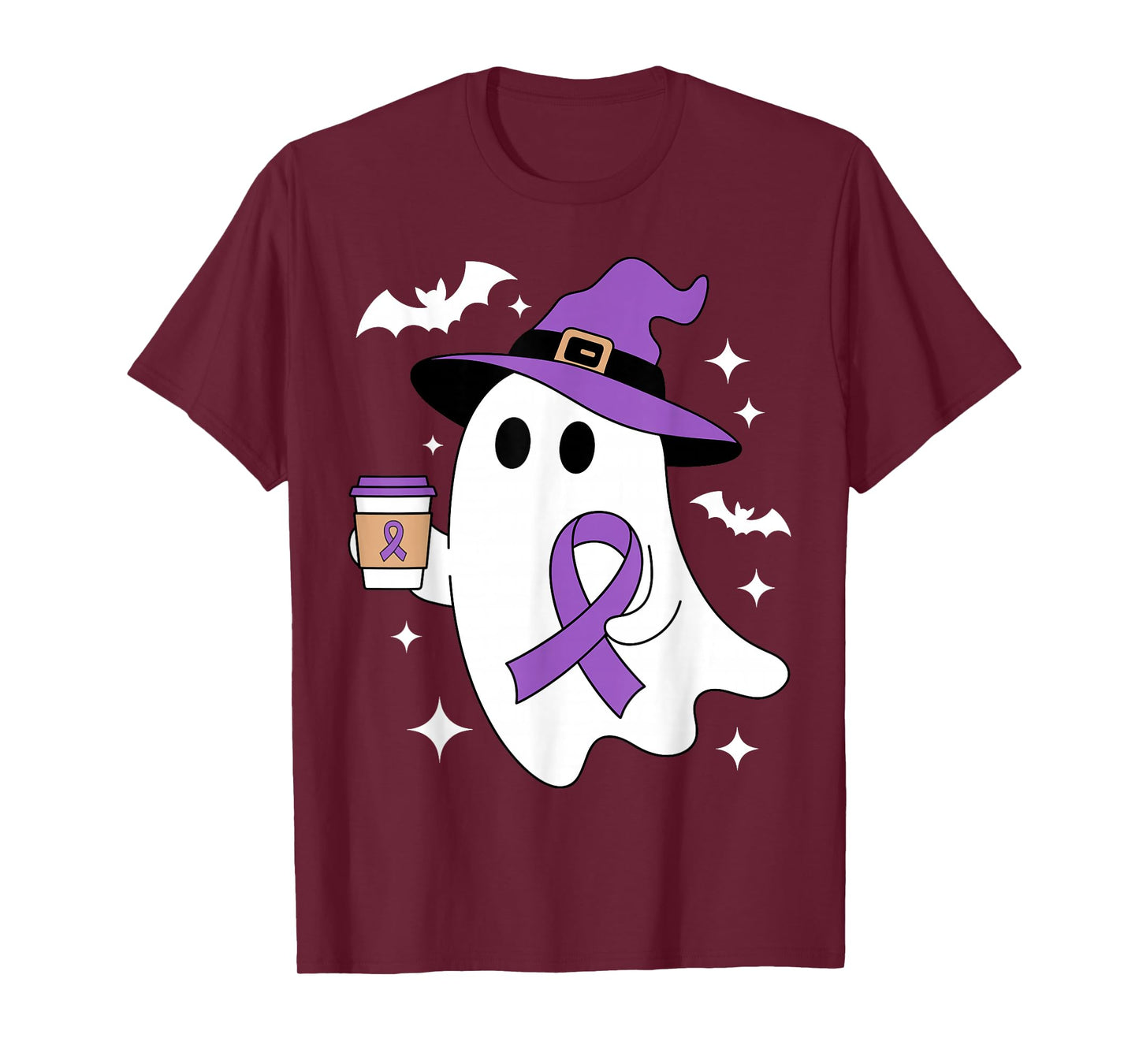 Ghost Halloween Coffee Domestic Violence Awareness DV Ribbon T-Shirt