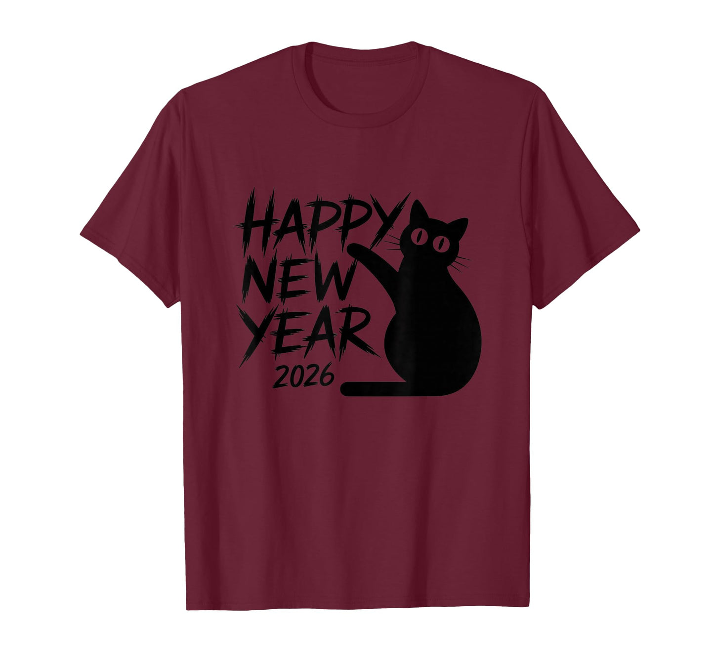 Happy New Year 2026 Black Cat Cute Minimal Holiday Design T-Shirt