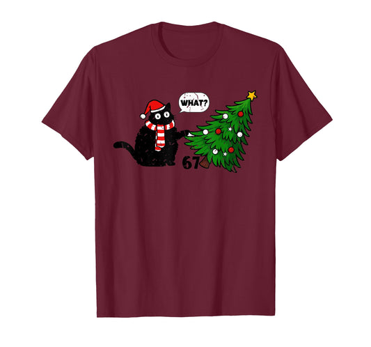 Funny Black Cat Pushing 67 Christmas Shirt Tree Over Cat T-Shirt