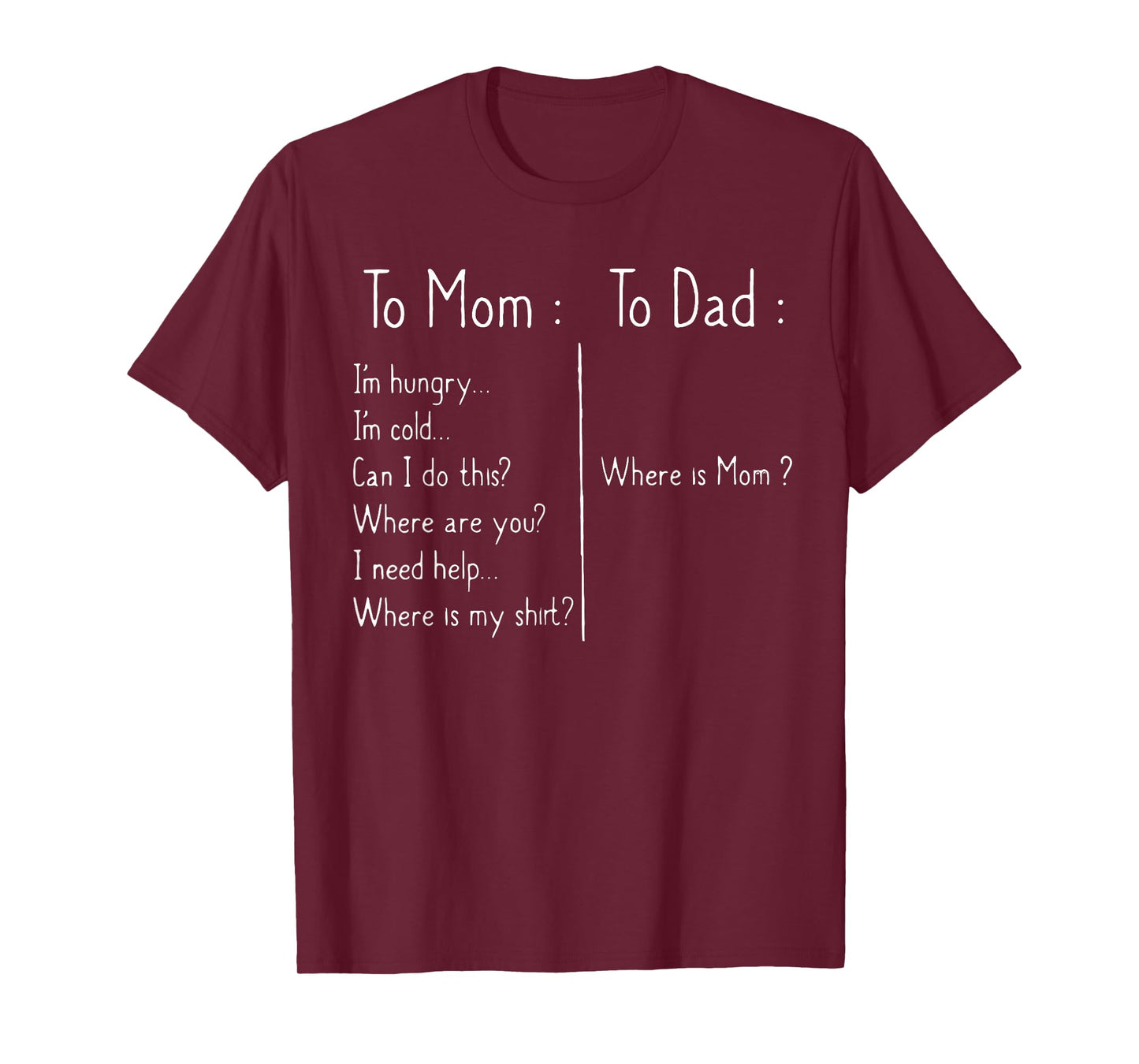 to Mom I'm Hungry I'm Hot I'm Cold to Dad Where is Mom Funny T-Shirt