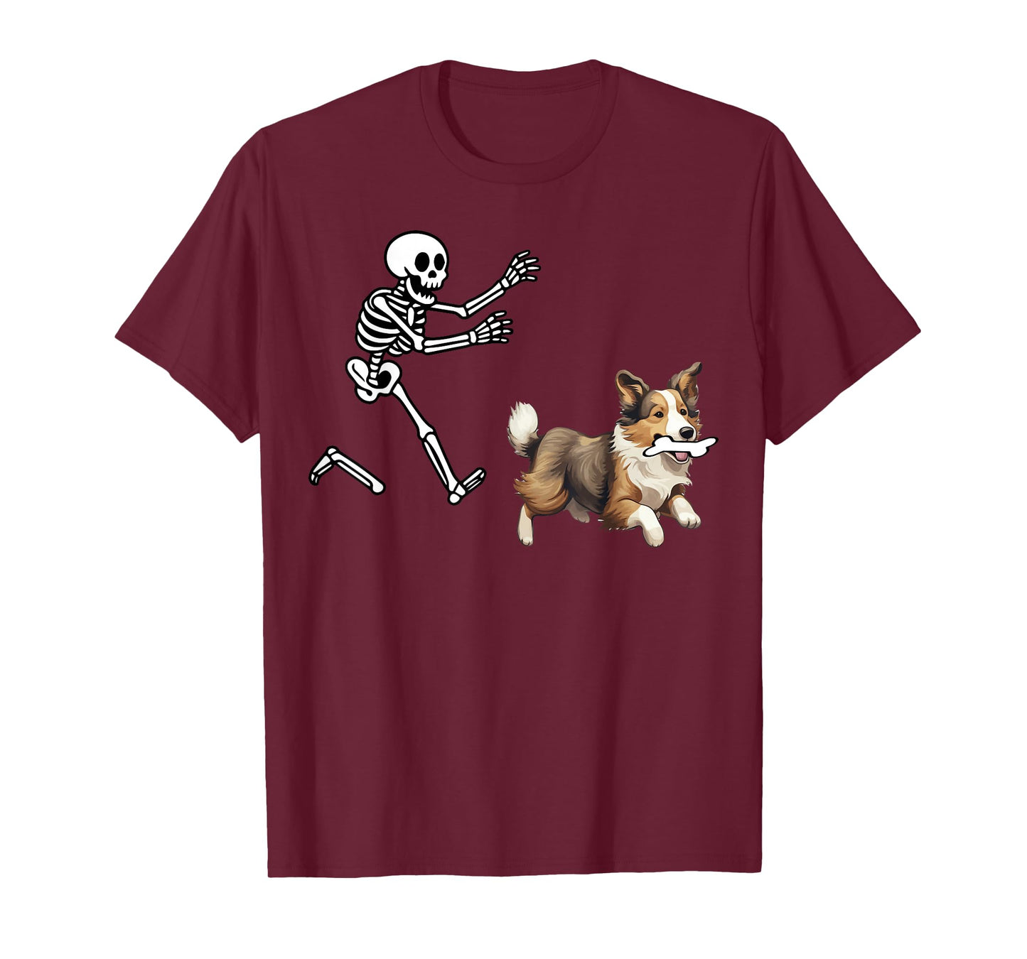 Funny Sheltie Running Skeleton Halloween T-Shirt