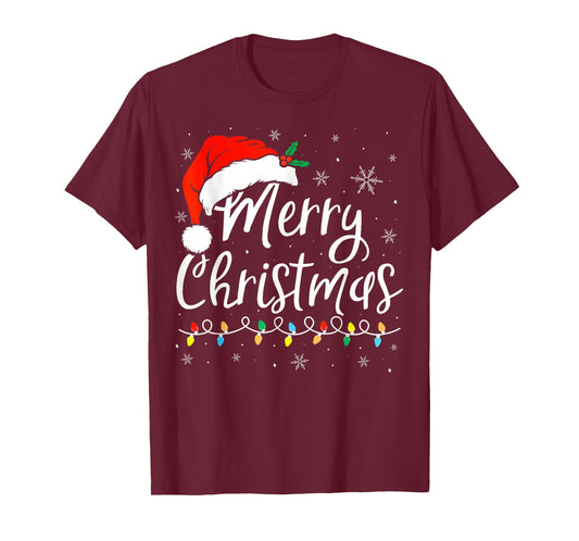 Merry Christmas Lights Santa Hat Xmas Family Matching Pajama T-Shirt