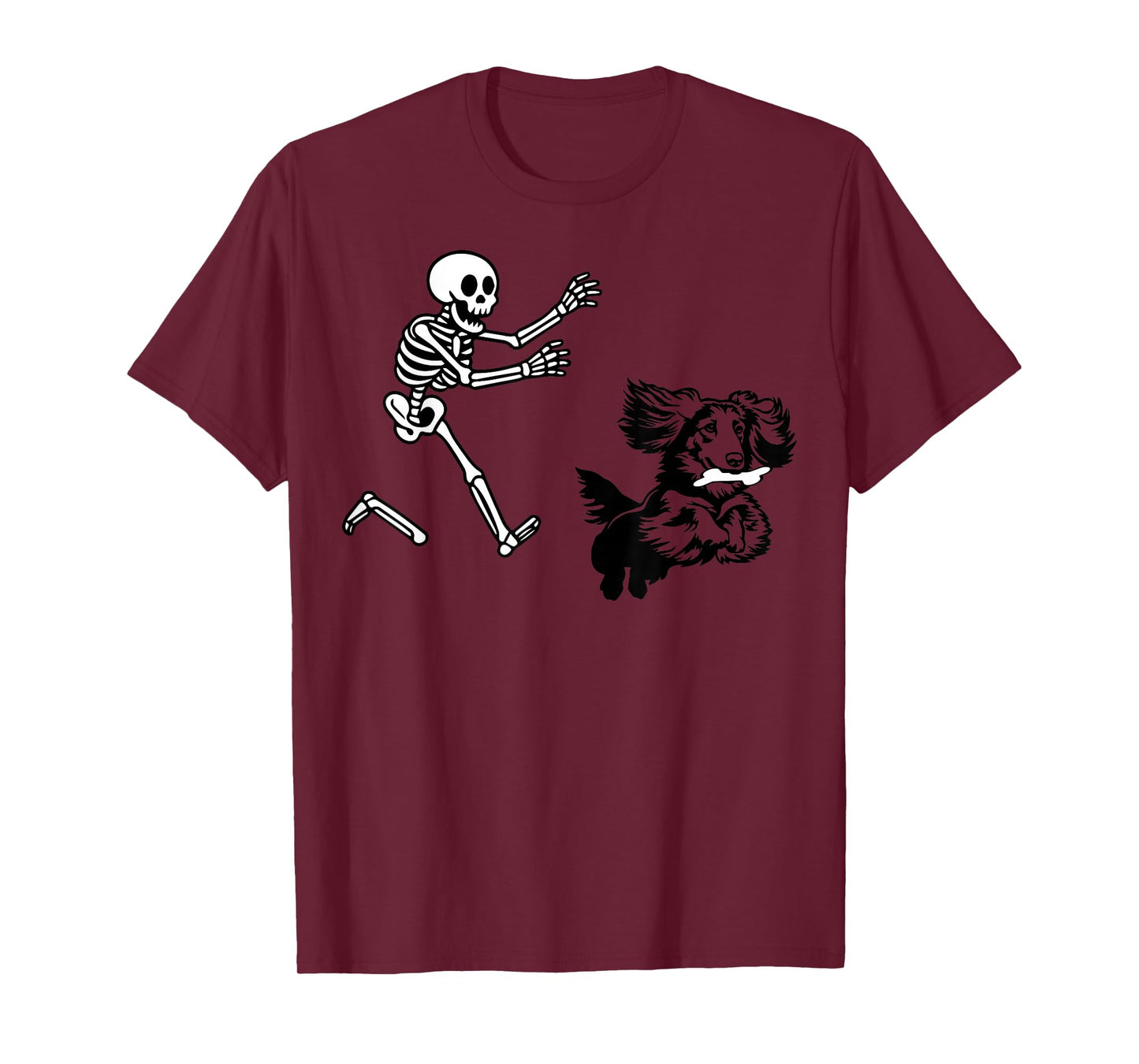 Funny Long haired Dachshund Running Skeleton Halloween T-Shirt