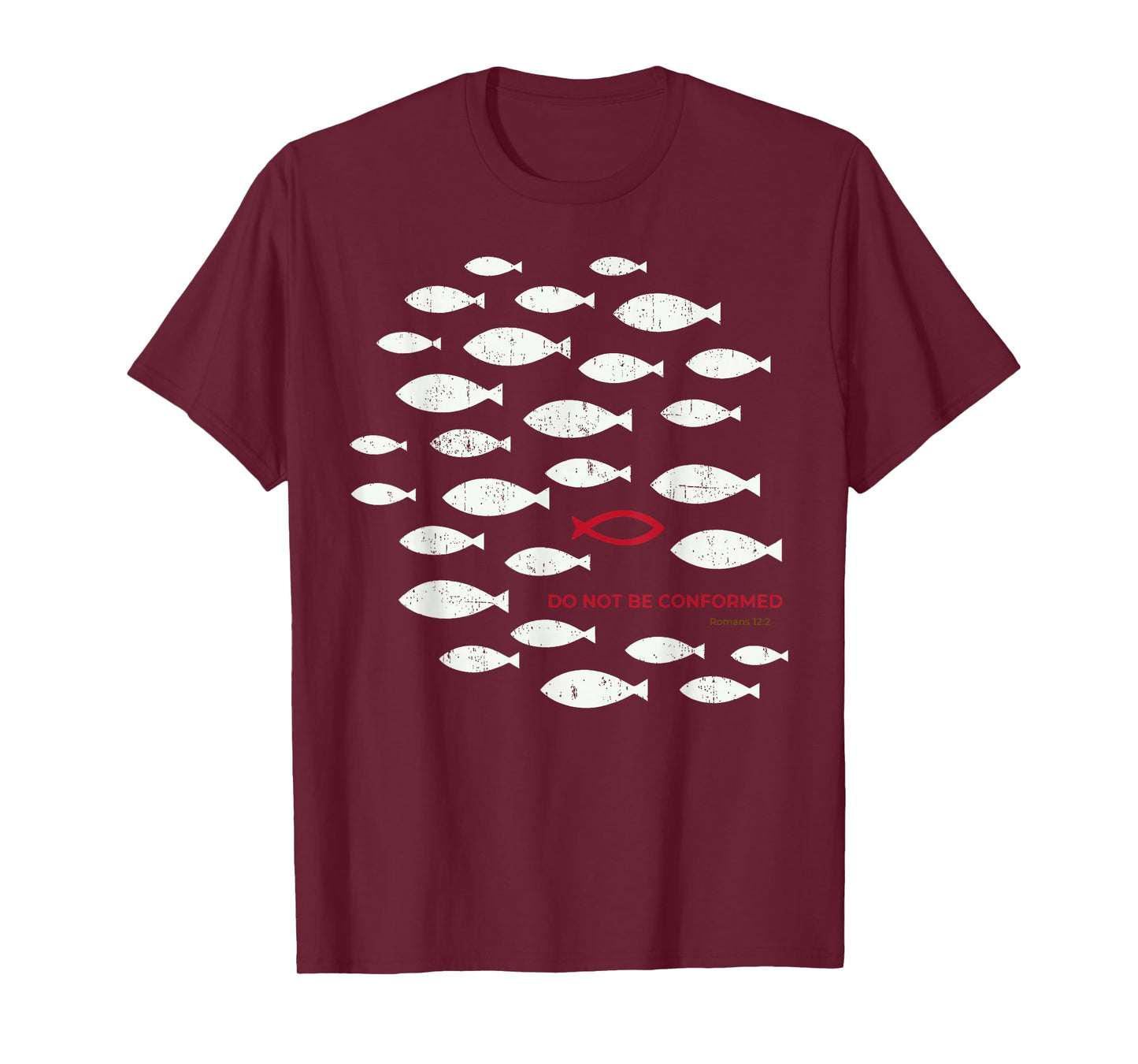 Do Not Be Conformed Funny Fish Red Romans 12:2 Bible Verse T-Shirt