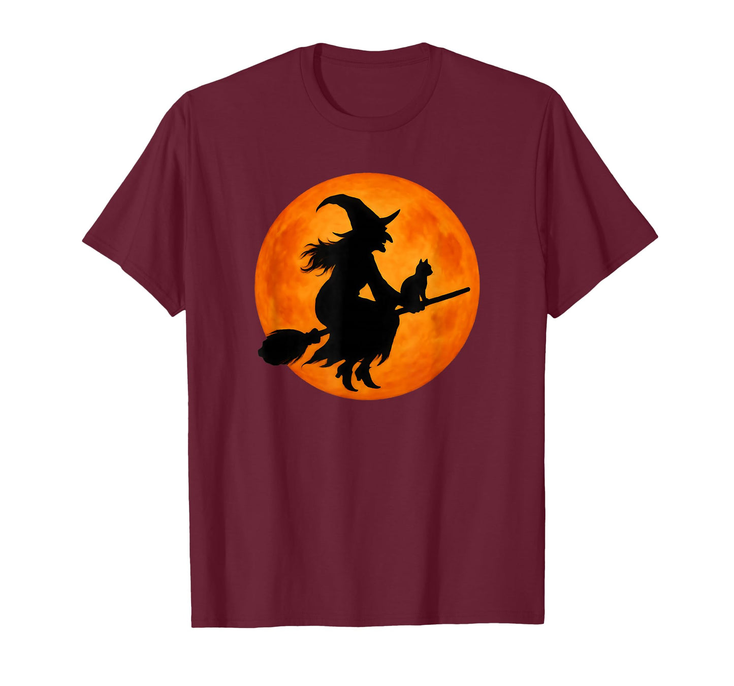 Flying Witch On Broomstick Halloween Full Moon Black Cat T-Shirt