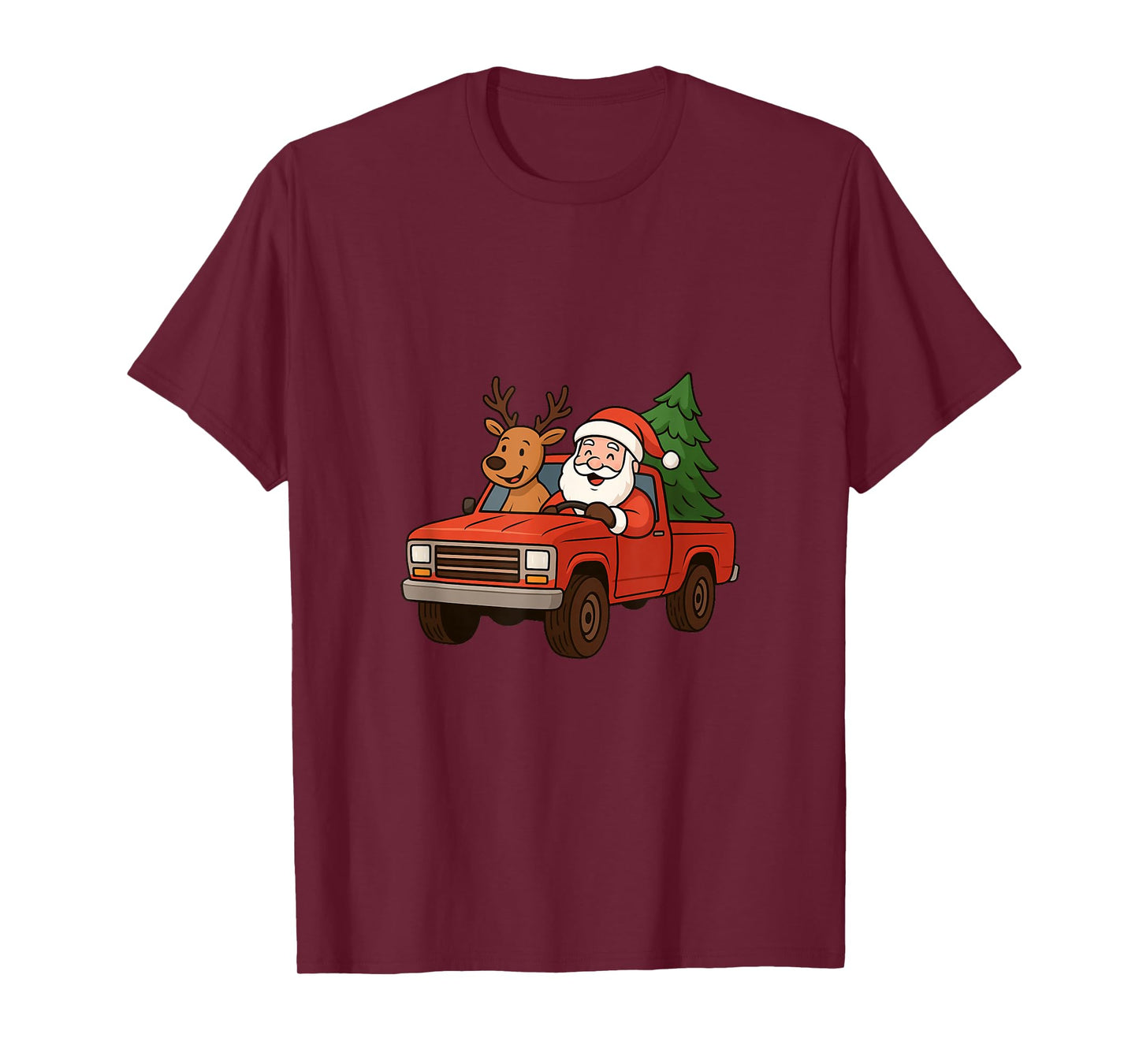 Red Christmas Truck Santa Claus and Reindeer Cartoon T-Shirt