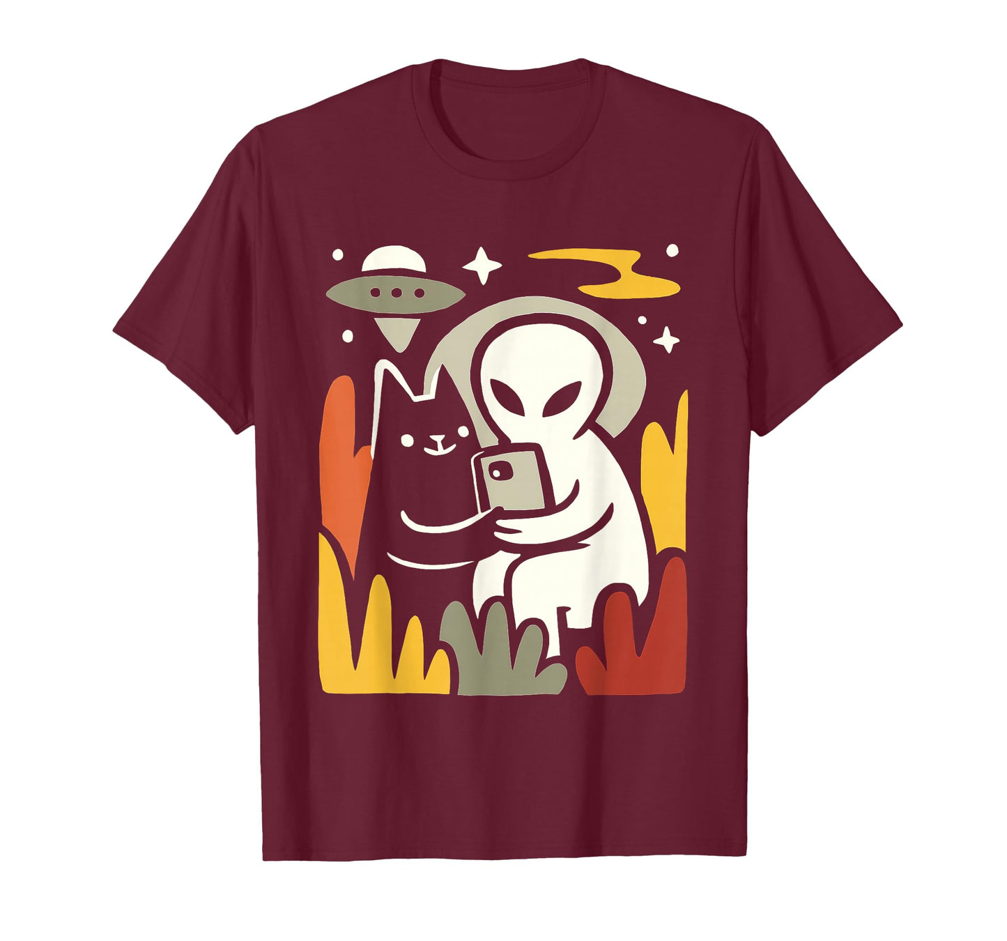 Alien and Cat Selfie Art – Funny UFO Space Illustration T-Shirt