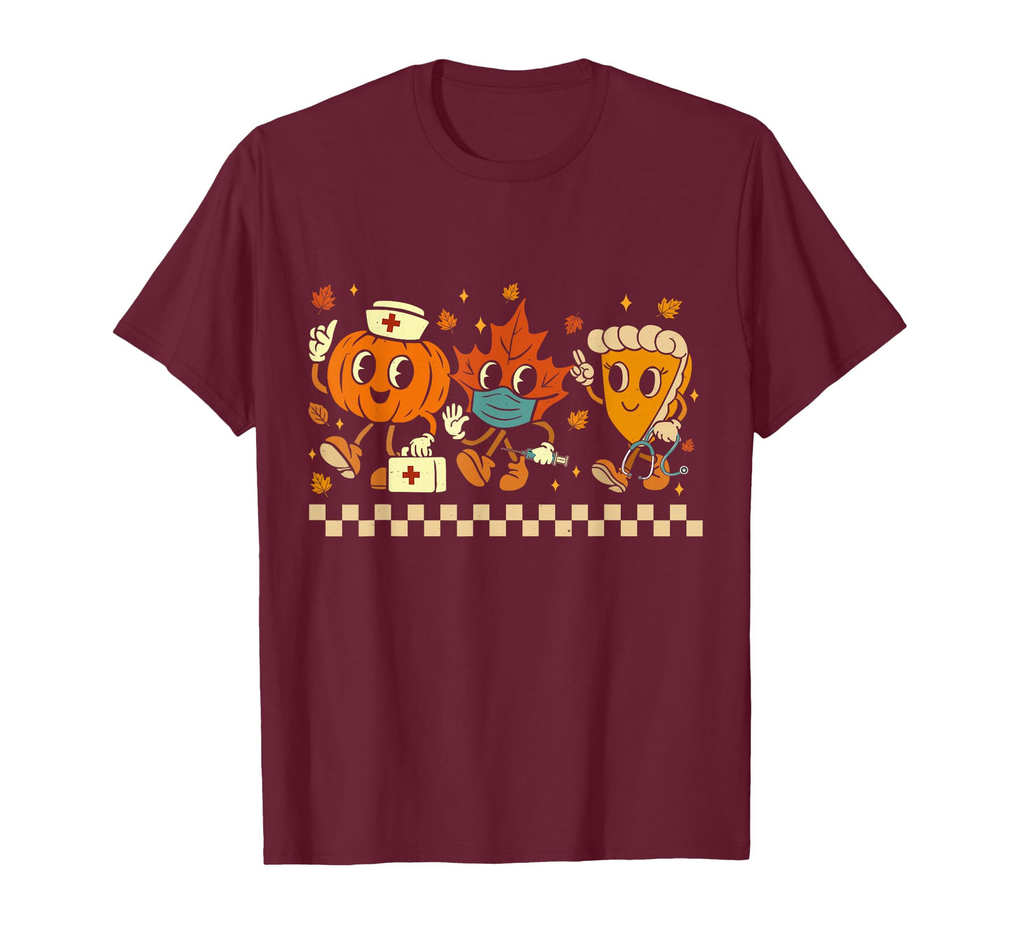Retro Nurse Thanksgiving Pumpkin Pie Leaves Thankful Nurse T-Shirt