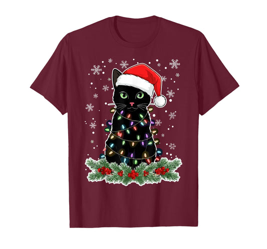 Christmas Black Cats Lover Santa Hat Funny Cat T-Shirt