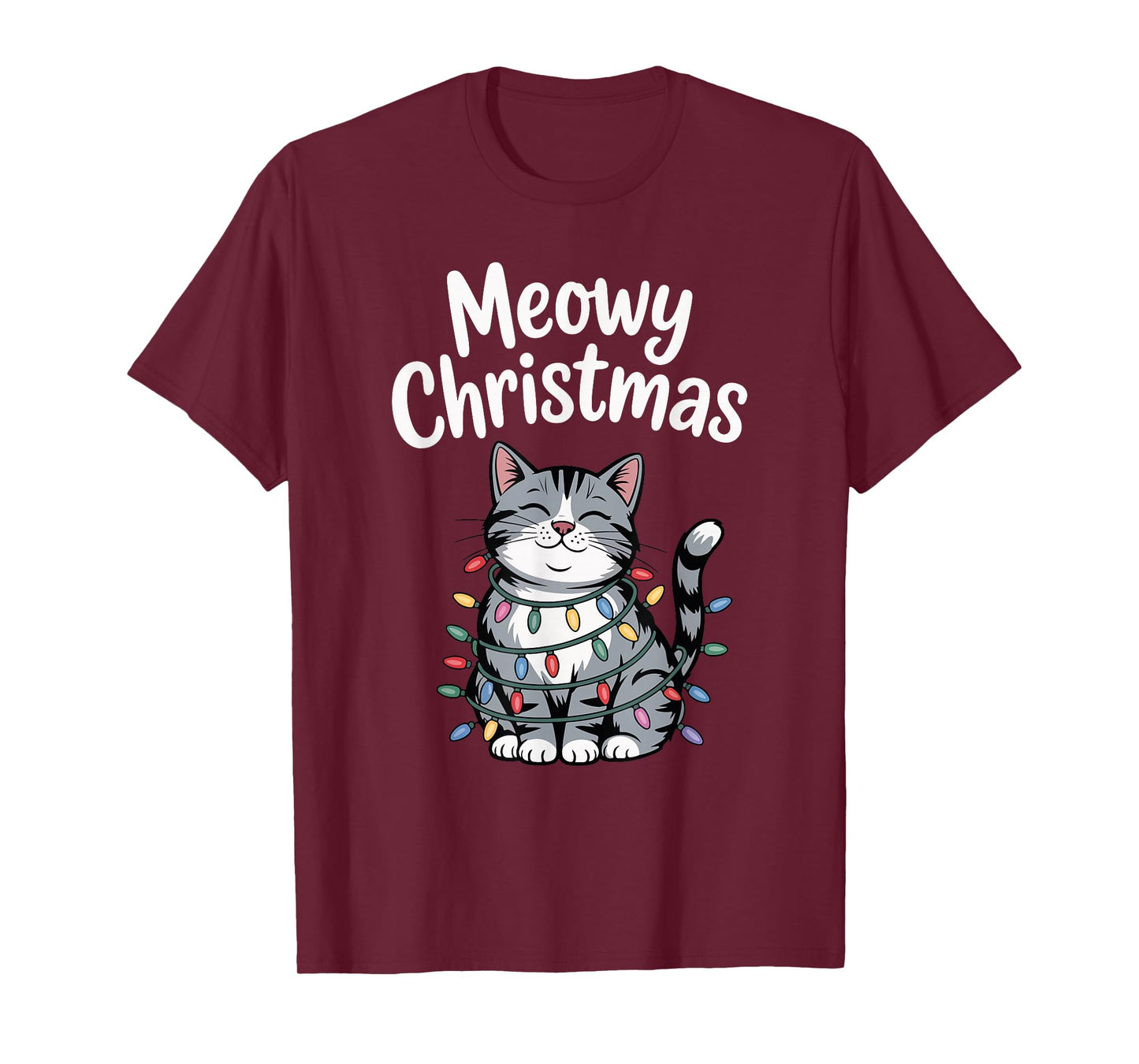 Meowy Christmas Cute Gray Tabby Cat Holiday Lights T-Shirt
