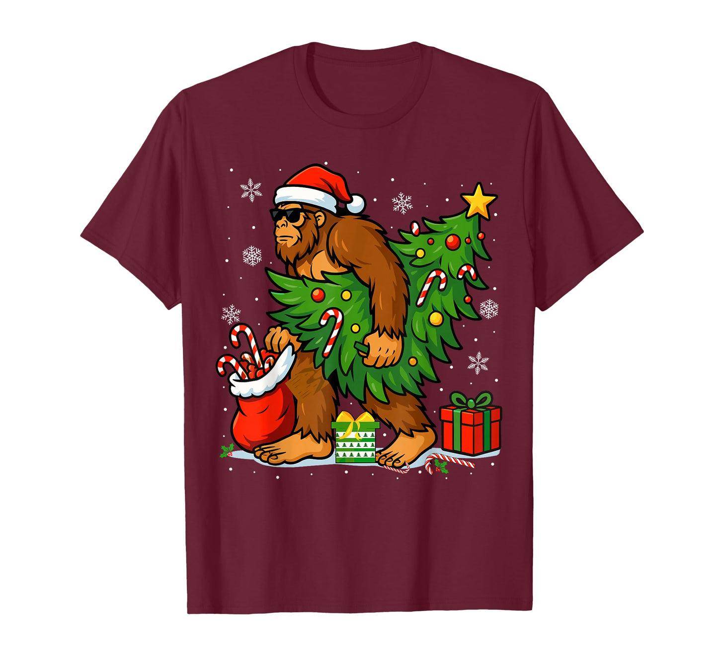 Santa Bigfoot Christmas Tree Xmas Lights Funny Sasquatch T-Shirt