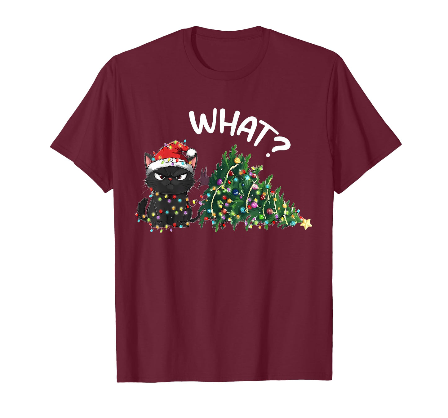 Funny Black Cat Christmas Tree Merry Xmas Humor Cat What? T-Shirt