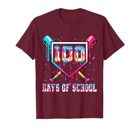 100 Days of School Boy Kids Baseball Ice Cream Drip Teacher T-Shirt