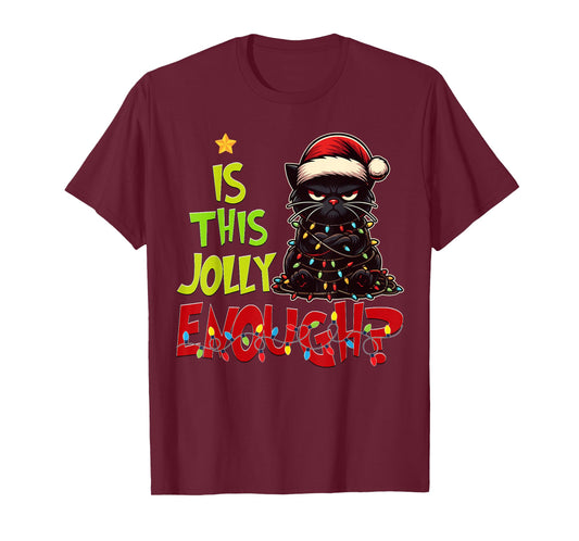 Black Cat Christmas Tree Lights Cute Santa Hat Xmas T-Shirt