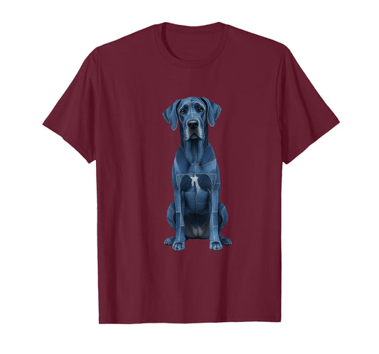 Funny Great Dane Dog Blue Denim Patchwork Pattern T-Shirt