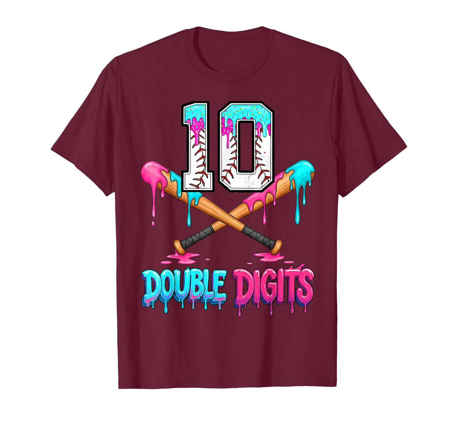 Baseball 10 Year Old Ice Cream Drip 10th Bday Double Digits T-Shirt
