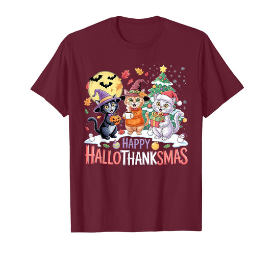 Halloween Thanksgiving Christmas Happy HalloThanksMas Cats T-Shirt