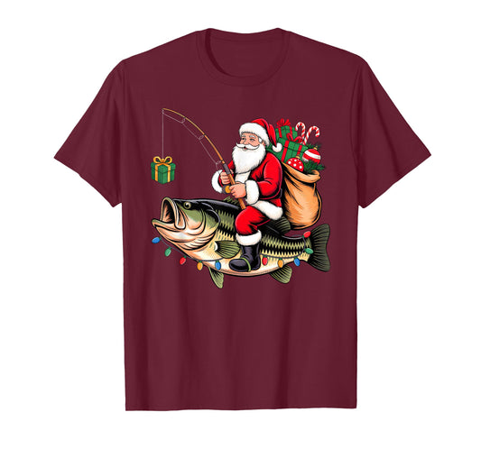 Santa Riding Bass Fish Christmas Fishing Funny Xmas Pajamas T-Shirt