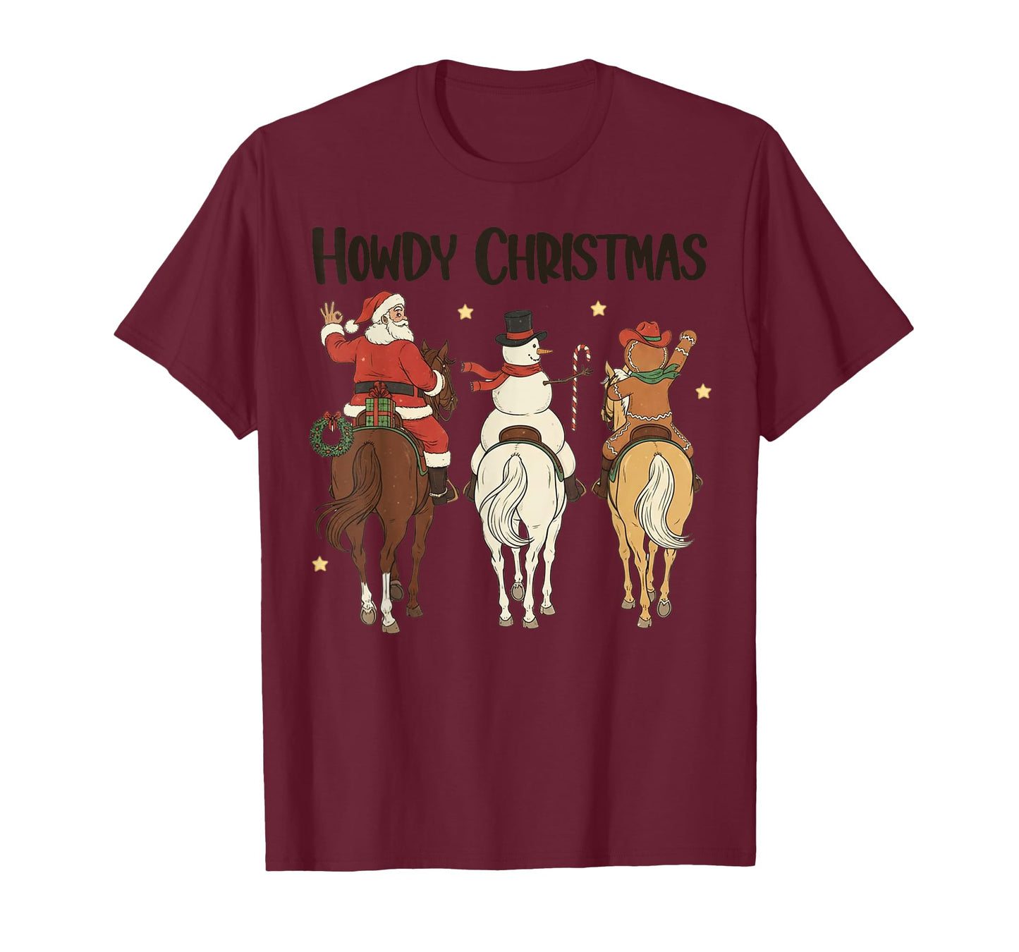 Retro Howdy Christmas Santa Snowman Gingerbread Riding Horse T-Shirt
