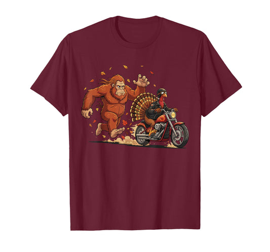 Turkey Motorcycle Bigfoot Funny Thanksgiving Cryptid Biker T-Shirt