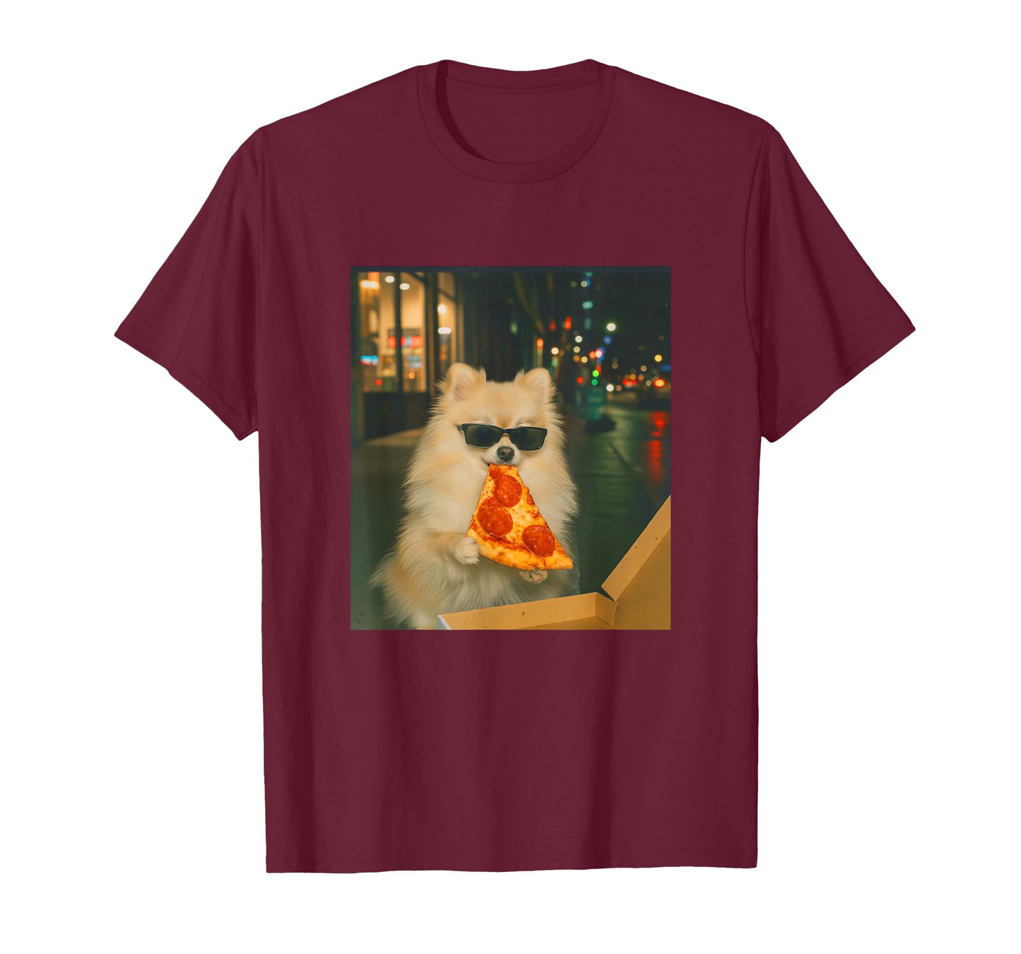 Funny Pomeranian Dog Eating Pizza Meme Retro T-Shirt